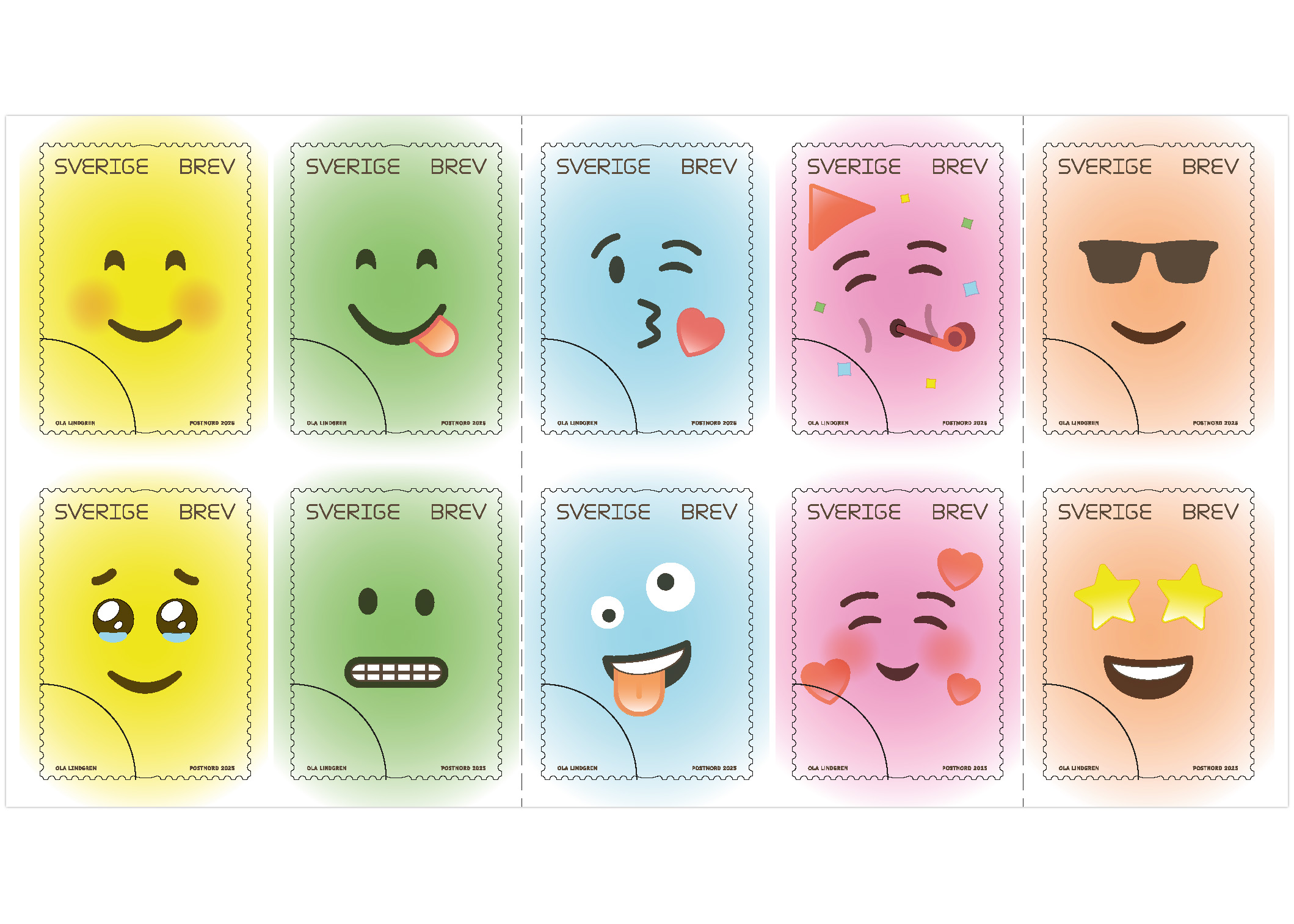 Frimärkshäfte med 10 frimärken, 10 motiv med färgglada emoji.