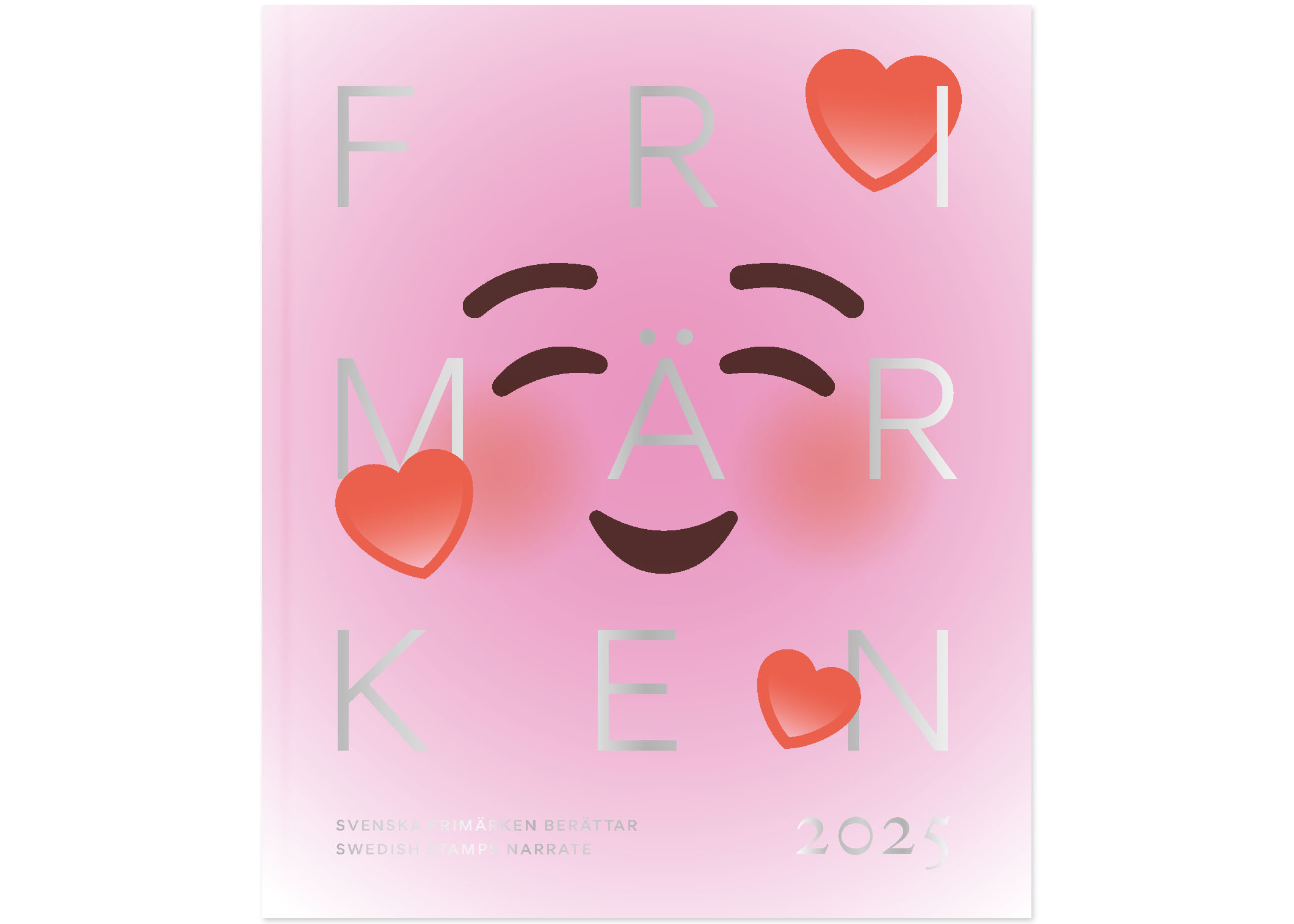 Omslag med en färgillustration av en rosa, glad emoji.
