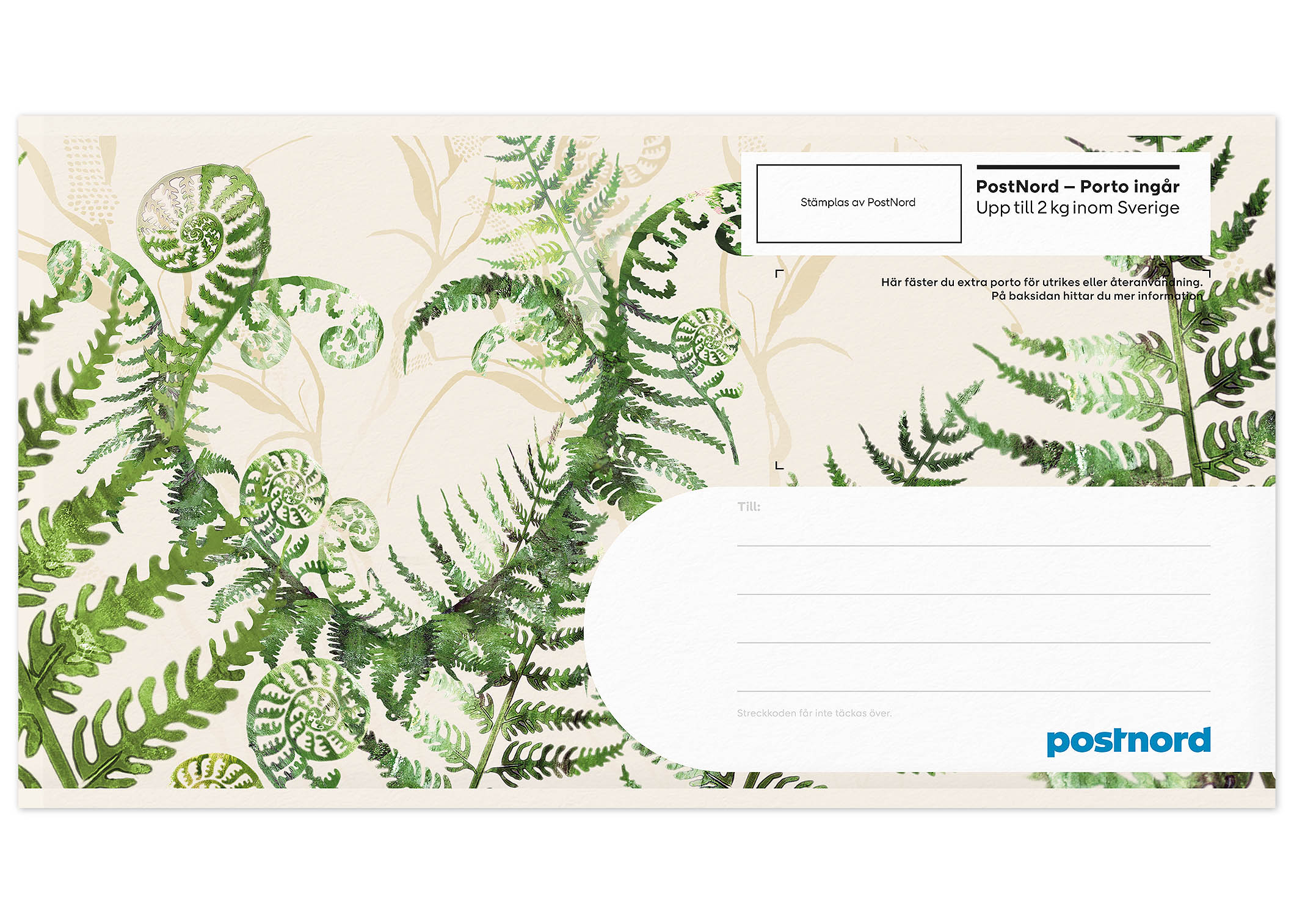 Framsida/Baksida presentpåse med färgillustration av Anna Handell föreställande ormbunke.